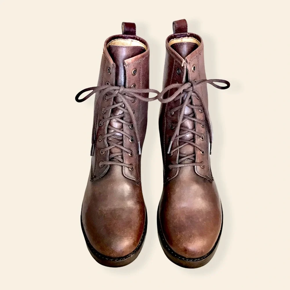 Frye Veronica Combat Brown Genuine Leather Lace Up Moto Combat Retro Ankle Boots - Picture 6 of 15